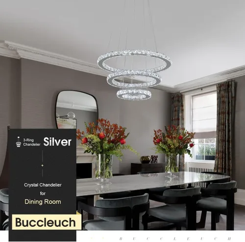 Vista 3 de Buccleuch Moderna araña de cristal, lámpara colgante LED regulable de 3 anillos, lámpara de techo ajustable de acero inoxidable, lámpara de araña