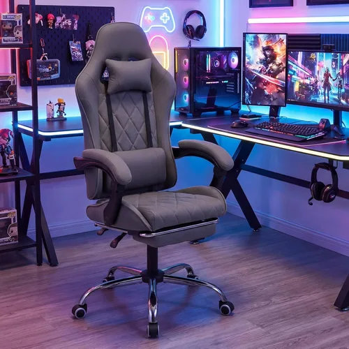 Vista 9 de Giantex Silla para juegos, Silla de computadora de altura ajustable con reposacabezas, soporte lumbar, reposabrazos de acoplamiento, respaldo