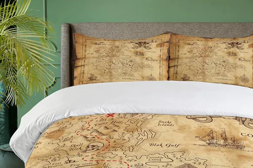 Vista 3 de Ambesonne Juego de funda de edredón con mapa de la isla, superdetallado, mapa del tesoro grungy rústico, tema de historia del mar secreto dorado