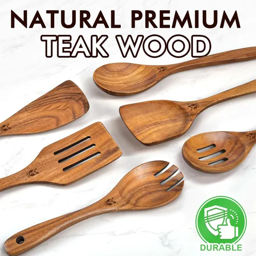 Vista 2 de Cucharas de madera para cocinar, 6 piezas, juego natural de utensilios de cocina de madera de teca, juego de utensilios de cocina con mango largo