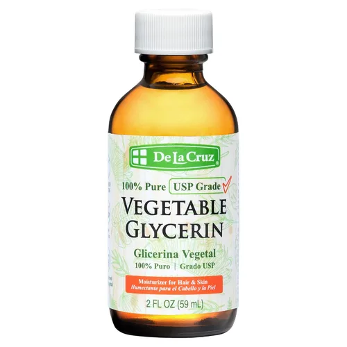 De La Cruz Glicerina vegetal, botella de vidrio, glicerina líquida 100% pura grado USP para cabello, piel y proyectos de bricolaje, 2 onzas líquidas.