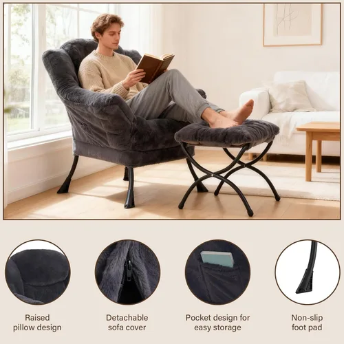 Vista 202 de Welnow Silla Lazy con otomana, moderna silla de descanso con reposabrazos y un bolsillo lateral, sillón para sofá de ocio, sillón de lectura