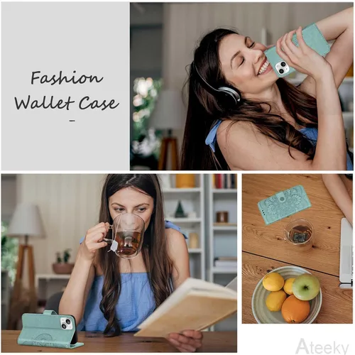 Vista 8 de Funda tipo cartera para iPhone 15, [bloqueo RFID] Soporte para 3 tarjetas con ranura para tarjeta de crédito Funda protectora magnética de piel Verde