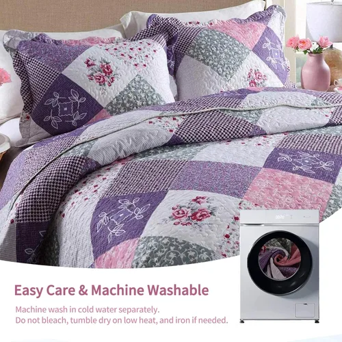 Vista 4 de Qucover Juego de edredones morados tamaño Queen, edredón reversible de 3 piezas con diseño floral de retazos, colcha ligera, con 2 fundas, 90 x 98
