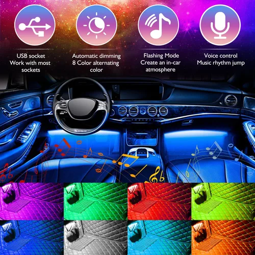 Vista 2 de Tira de luces LED para automóvil, 4 unidades de 48 luces LED USB para interiores, tira de luces multicolor de música para automóvil, kit