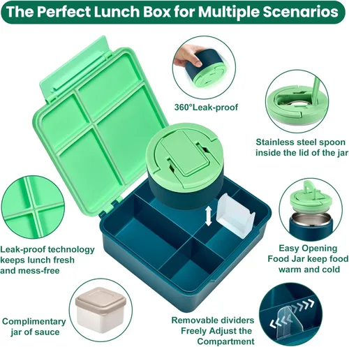 Vista 6 de Lonchera Bento con termo de sopa de 8 onzas, recipientes de comida para niños a prueba de fugas con 4 compartimentos con taza de salsa y bolsa