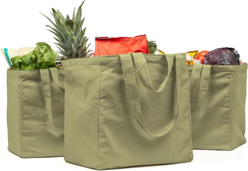VeraMia - Juego de 3 bolsas de lona para comestibles XL con bolsillos reales, correa larga para el hombro y asa corta. Resistente, plegable, lavable