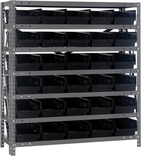 Vista 200 de Quantum QSBU-245BK Heavy Duty Shelving Unit with (7) Shelves and (24) QUS245 Black Bins for Garage Warehouse Storage Distribution 400 lb Load