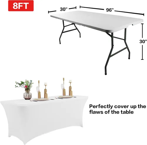 Vista 3 de IVAPUPU Paquete de 2 Manteles Elásticos de 8 Pies para Mesa Rectangular Ajustados para Eventos, Cubiertas de Mesa Blancas Elásticas Lavables