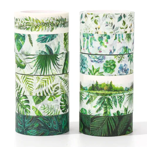 Vista 11 de Whaline 12 Rollos Cinta Washi de Vegetación Cinta Washi de Hojas Verdes Variadas Plantas Temática Cinta Decorativa de Enmascarar para Álbum
