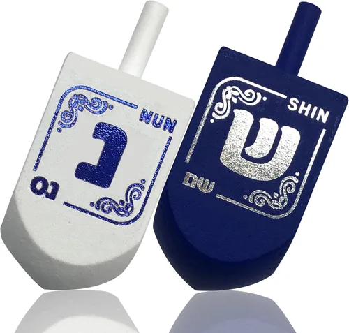 Vista 5 de Izzy 'n' Dizzy Hanukkah Dreidels - Dreidel de madera extragrande azul y blanco - 2