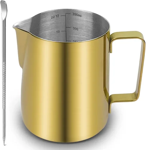 Vista 12 de CAMKYDE Jarra de Espumar Leche de Acero Inoxidable 20 oz, Jarra Vaporizadora de Espresso con Pluma Decorativa para Máquinas de Espresso, Cappuccino