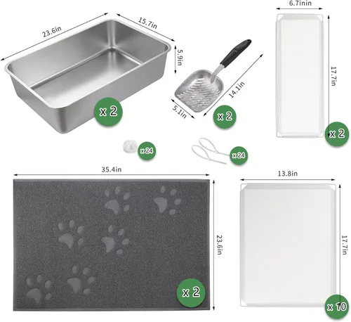 Vista 2 de Juego de 2 cajas de arena para gatos de acero inoxidable, paquete de 2 cajas de arena grandes de metal para gatos con 2 espátulas, 2 alfombrillas