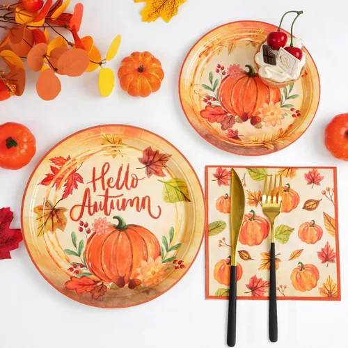 Vista 2 de Homlouue 200 platos y servilletas de papel de otoño, platos de calabaza de papel para fiesta de otoño, cosecha, decoración del hogar, suministros