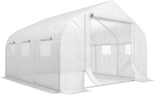 Outsunny - Invernadero de 11.5 x 10 x 6.5 pies con puerta enrollable con cremallera, color blanco Tunnel Green House, 6 Mesh Windows, Gardening
