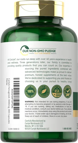 Vista 3 de Carlyle Cápsulas de fenogreco 300 unidades Extracto sin OMG y sin gluten Semillas de fenogreco