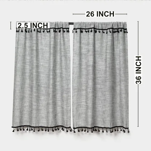 Vista 6 de Cortinas de cocina con borlas boho de 36 pulgadas de largo, modernas, de granja, de algodón y lino, cortinas cortas de cafetería para baño, ventana