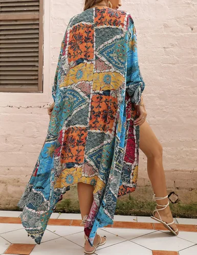 Vista 6 de Eddoyee Traje de baño largo con estampado frontal abierto para mujer, sexy, para playa, kimono, cárdigans