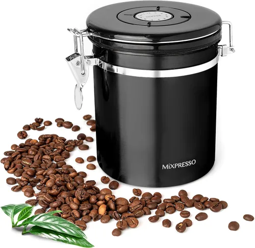 Mixpresso Bote de café negro de 16 onzas, recipiente de café hermético de acero inoxidable, almacenamiento de té hermético en tarro con rastreador