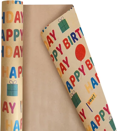 Papel de regalo de cumpleaños, rollo de papel de regalo, papel de regalo kraft – patrón colorido de feliz cumpleaños para niños y niñas, papel de