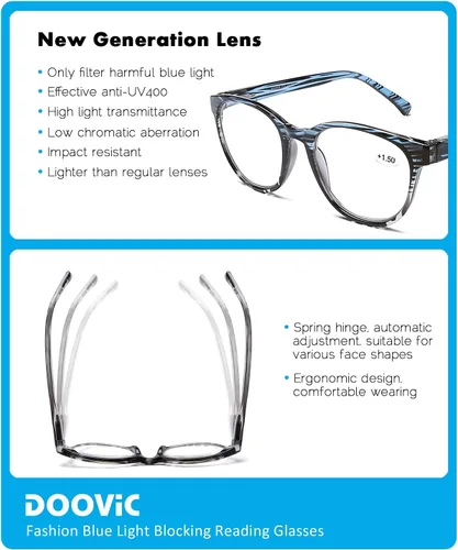 Vista 4 de DOOViC Gafas de lectura para computadora, bloqueo de luz azul, antifatiga ocular, estilo a rayas, bisagra de resorte, paquete de 4 lectores