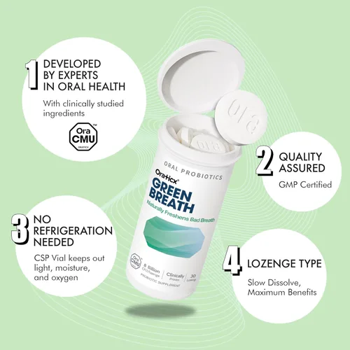 Vista 3 de OraTicx Green Breath Probióticos para el cuidado bucal, ayuda naturalmente a refrescar el mal aliento y la boca saludable, suplemento probiótico