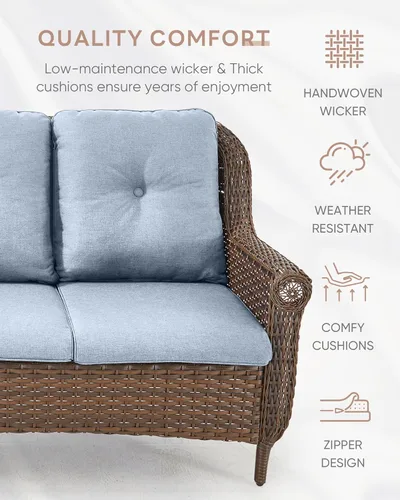 Vista 4 de Sofá de mimbre para patio, sofá de mimbre para exteriores, resistente para todo tipo de clima, sofás para 2 personas con respaldo alto y cómodos
