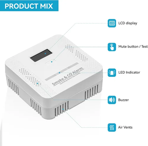 Vista 3 de Detector de humo, detector de monóxido de carbono, alarma de incendio y CO 2 en 1, funciona con pilas, detector de gas de monóxido de carbono