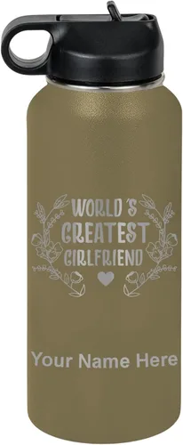 Vista 24 de LaserGram Personalized Water Bottle, World's Greatest Girlfriend, Stainless Steel Double Wall Vacuum Insulated with Flip Top Straw, Custom Engraved