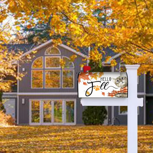 Vista 5 de Funda para buzón de otoño de 21 x 18 pulgadas, fundas para buzón de texto "Hello Fall", diseño de otoño de cosecha de Acción de Gracias, magnéticas