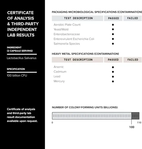 Vista 4 de Toniiq Probiótico Lactobacillus Salivarius de 100 mil millones de UFC, el mayor recuento verificado de UFC, probado en laboratorio de terceros