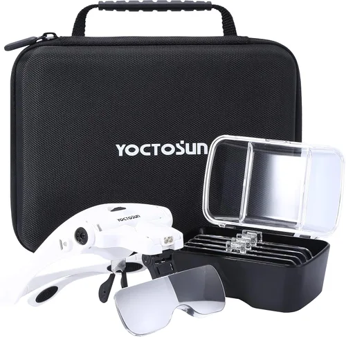 Vista 9 de Lupa YOCTOSUN de cabeza LED, recargable, manos libres, lupa de diadema con 2 LEDs con soporte profesional de luz para fabricación de joyería