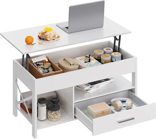 Vista 19 de WLIVE Mesa de Centro, Mesa de Centro Elevable de 39 pulgadas con Compartimento Oculto, Cajones de Almacenamiento y Estante de Almacenamiento
