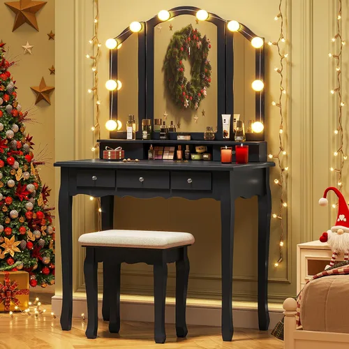 Vista 10 de Tiptiper Escritorio de tocador, tocador de maquillaje con espejo tríptico iluminado y taburete, juego de mesa de tocador con 10 bombillas LED y 3