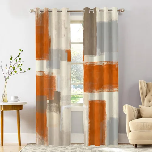 Vista 42 de Shrahala Beige and Orange Abstract Art Brushstrokes Tier Curtains for Kitchen Windows, Abstract Oil Paint Cafe Curtain Multilayer Polyester Blackout