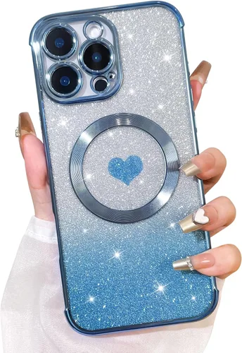 Bonoma Funda con Purpurina Magnética para iPhone 16 Pro Max [Compatible con MagSafe], Funda Transparente Brillante de Lujo con Patrón de Corazones