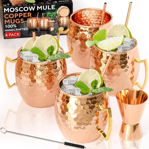 Moscow Mule jarras de cobre - juego de 4 - 100 % ARTESANAL – Jarras de cobre macizo aptas para alimentos - Juego de regalo de 16 onzas con REGALO: