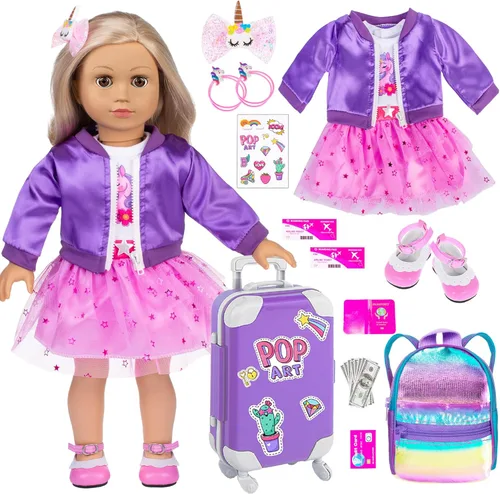 Vista 9 de ebuddy Ropa y accesorios para muñecas de 18 pulgadas, juego de maleta de viaje para muñecas de 18 pulgadas, vestido de princesa de flores