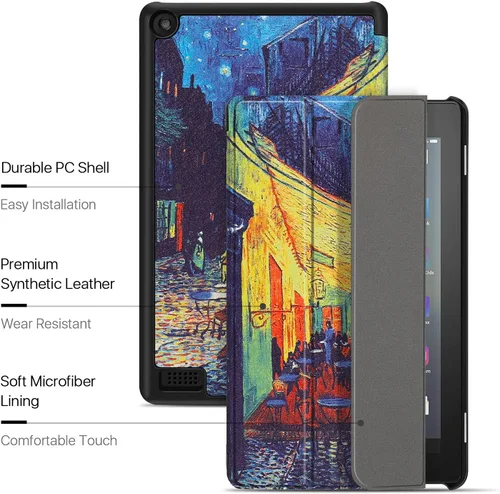 Vista 5 de TNP - Funda para tablet Tienda Kindle Fire 7 de 9 y 7 generación 2019 2017, funda protectora de piel sintética delgada inteligente con encendido