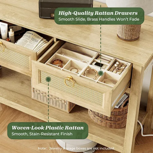 Vista 6 de SUPERJARE Mesa de sofá de ratán con tomas de corriente y puerto USB-C, mesa de entrada de 3 cajones con superficie de ratán sintético, estante