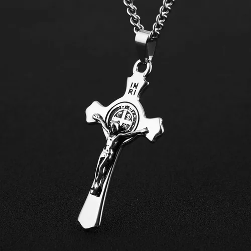 Vista 3 de HZMAN Religión Acero Inoxidable Saint St. Benedict Crucifijo Cruz Colgante Collar INRI
