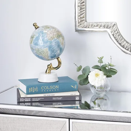 Vista 3 de Deco 79 Globo mundial de metal de aluminio con base de mármol, globo de escritorio 6 "x 6" x 11", azul