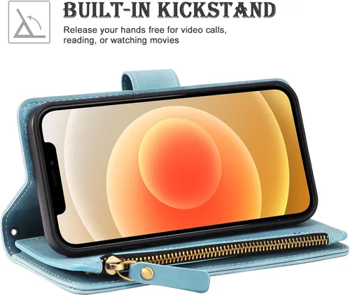 Vista 4 de RANYOK Funda tipo cartera compatible con iPhone 13 (6.1 pulgadas), piel sintética de alta calidad, con cremallera, cartera con cierre RFID