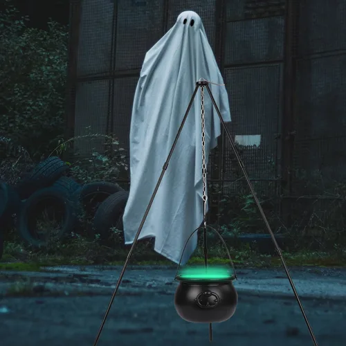 Vista 6 de Caldero de brujas de Halloween, caldero de brujas de plástico negro en trípode con luz LED verde, decoración colgante de Halloween Hocus Pocus