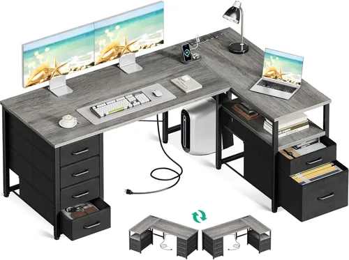 Vista 11 de Coleshome - Escritorio en forma de L para computadora con 6 cajones y toma de corriente, escritorio esquinero de 55 pulgadas con estante