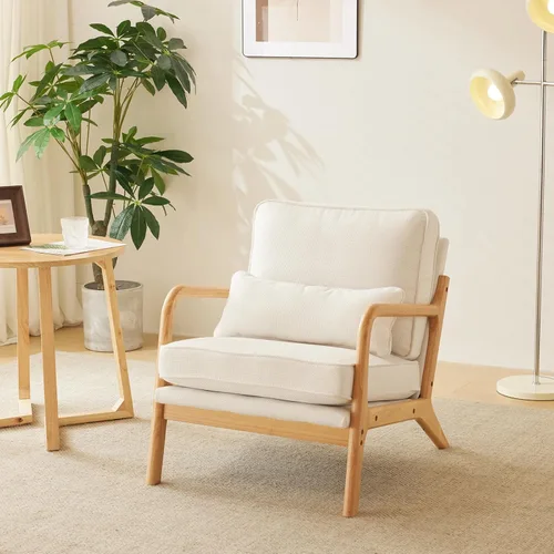 Vista 15 de VINGLI Acogedoras sillas de sala de estar, juego de 2 sillas decorativas de lino grueso beige, sillas de madera para dormitorio, cómodas sillas