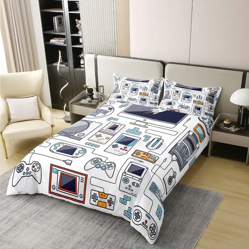 Vista 2 de Erosebridal - Juegos de ropa de cama Gamer 100% algodón para niños, juego de funda de edredón tamaño queen con estampado de videojuegos, diseño