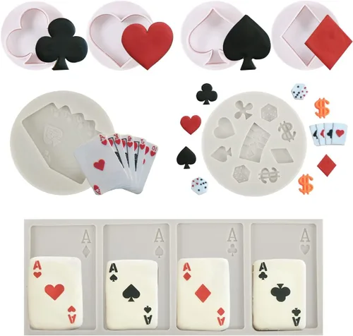 Juego de 7 moldes de silicona de póquer para fondant para Las Vegas, noche de casino, decoraciones de fiesta de cumpleaños de casino con corazón de