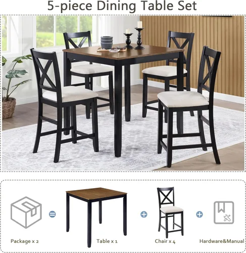 Vista 7 de Harper & Bright Designs Juego de mesa de comedor de altura de mostrador de 5 piezas para 4, mesa de cocina de granja cuadrada de 34.5 pulgadas con 4