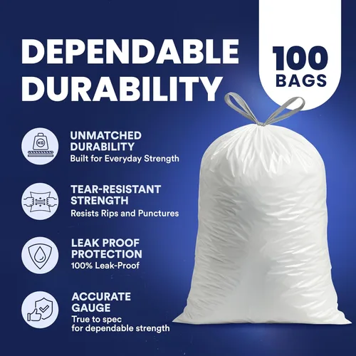Vista 4 de Plasticplace Bolsas de basura de 5 galones – Forro blanco para bolsas de basura con cordón, 19 x 25 pulgadas (100 unidades) – Duraderas, a prueba